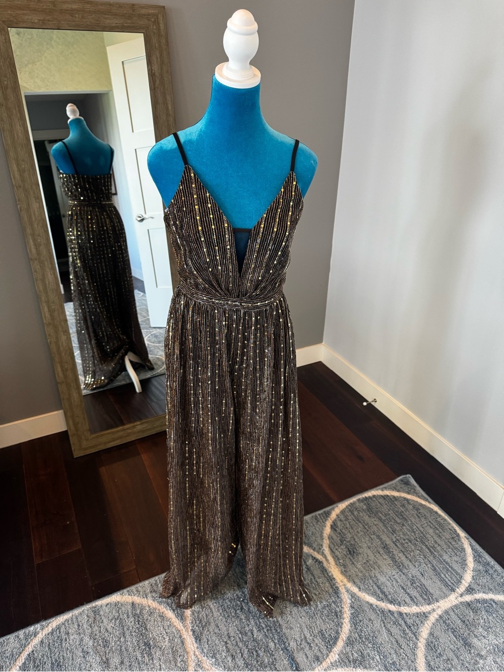 Lulu's Black and Gold Striped Sequin Jumpsuit